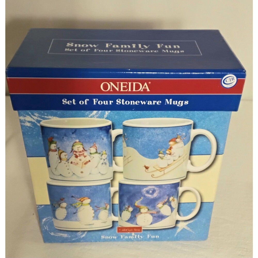 Oneida Debbie Taylor-Kerman Set of 4 Stoneware Mugs Snow Family Fun New